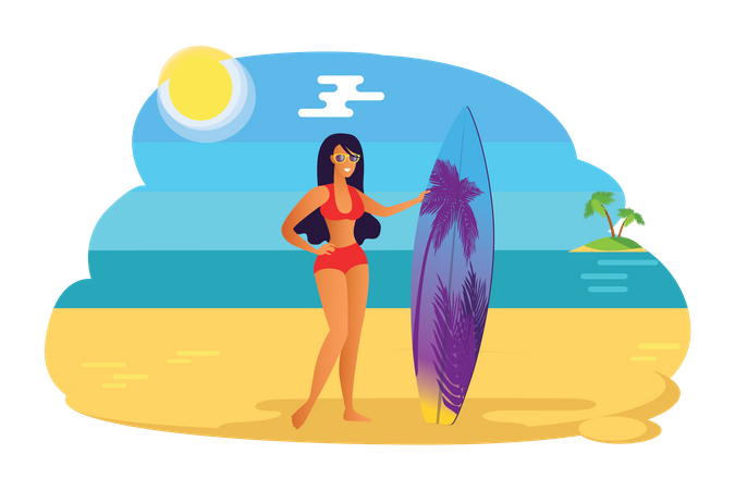 Woman holding surfboard Illustration