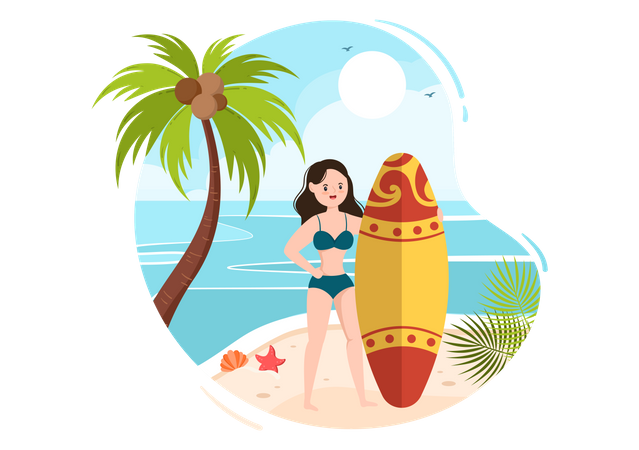 Woman holding surfboard  Illustration