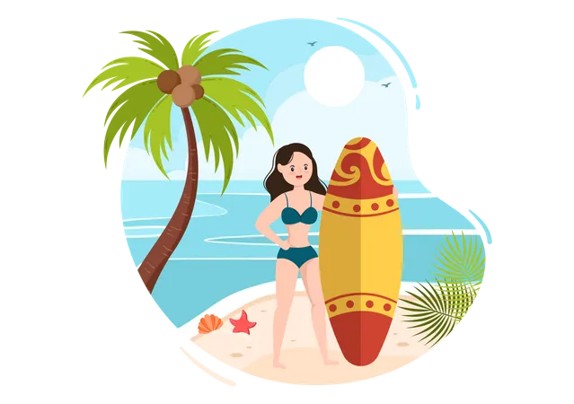 Woman holding surfboard  Illustration