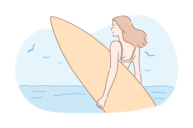 Woman holding surfing board  Illustration