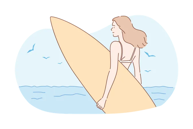 Woman holding surfing board  Illustration
