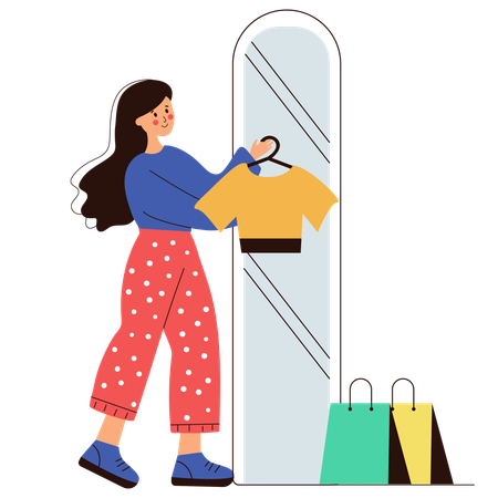 Woman holding t-shirt for trying clothes from shop  Illustration