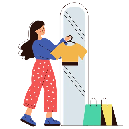 Woman holding t-shirt for trying clothes from shop  Illustration