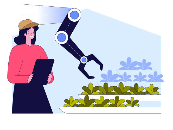 Woman holding tablet managing farm with app  Illustration