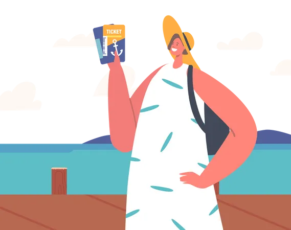 Woman Holding Ticket for Cruise Liner Stand on Wooden Pier  Illustration