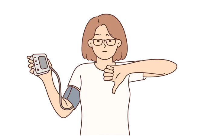Woman holding tonometer to check cardio health and shows thumb down  Illustration