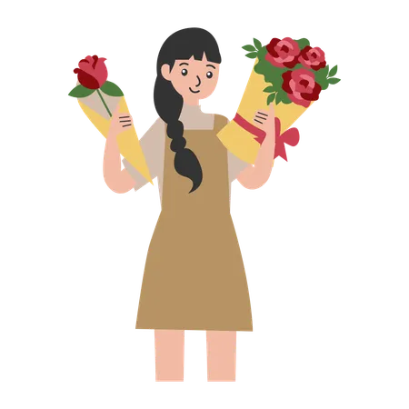 Woman holding two bouquet  Illustration