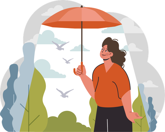 Woman holding umbrella and going outside while enjoying nature  イラスト
