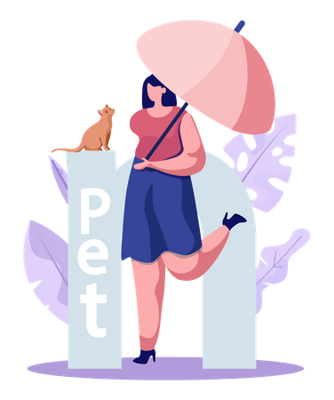 Woman holding umbrella playing with pet Illustration
