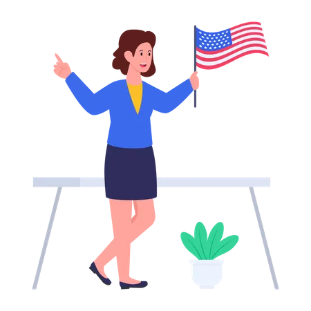 Woman Holding USA Flag  Illustration