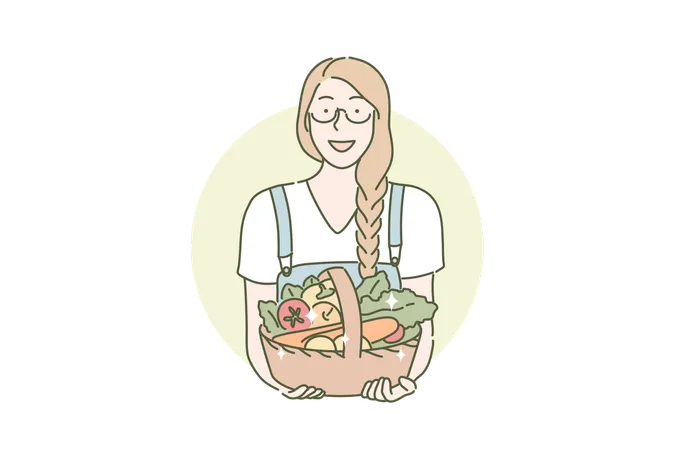 Harvesting Farmer Eco Vegan Food Concept Happy Woman Holds Basket Of Vegetarian Food Basket Of Vegetables Was Brought By Girl From Harvesting Farmer Likes Healthy Nutrition Simple Flat Vector Illustration
