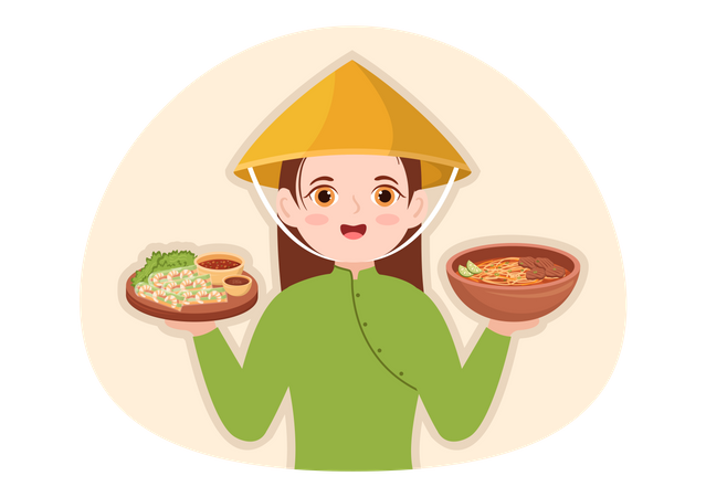 Woman holding Vietnamese Food Illustration