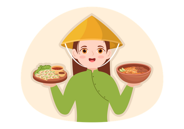 Woman holding Vietnamese Food  Illustration