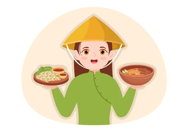 Woman holding Vietnamese Food  Illustration