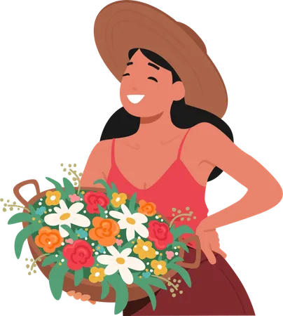Woman Clutches A Basket Filled With Vibrant Flowers Its Myriad Colors Complementing Her Joyful Expression On Serene Smiling Face Happy Female Character Posing Cartoon People Vector Illustration Illustration