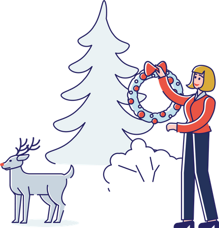 Woman holding wreath for decorating tree  Illustration