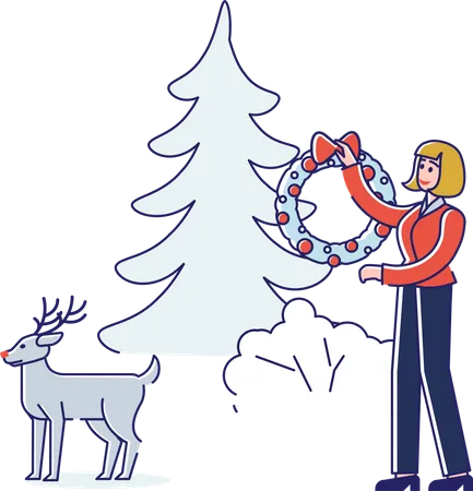Woman Holding Christmas Wreath For House And Yard Outdoor Decoration Winter Holiday Decor Concept Cartoon Female Decorating Yard For Xmas And New Year Celebration Linear Vector Illustration Illustration