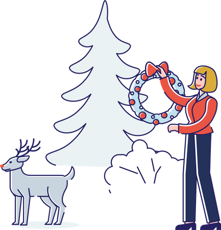 Woman holding wreath for decorating tree  イラスト