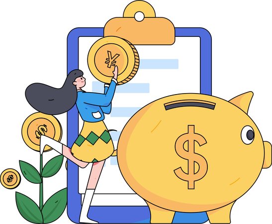 Woman holding yen coin while doing piggy savings  Illustration