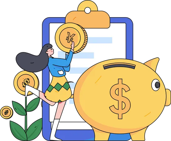 Woman holding yen coin while doing piggy savings  Illustration