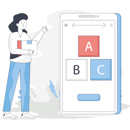 Woman holds a book in one hand and a smartphone displaying the letters "abc" in the other hand  Illustration