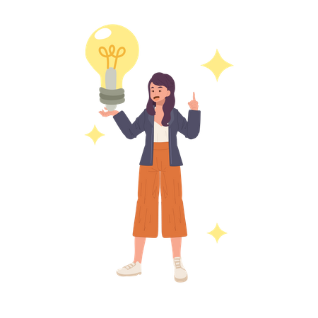 Woman holds a large light bulb in her hand Illustration
