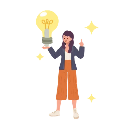 Woman holds a large light bulb in her hand Illustration