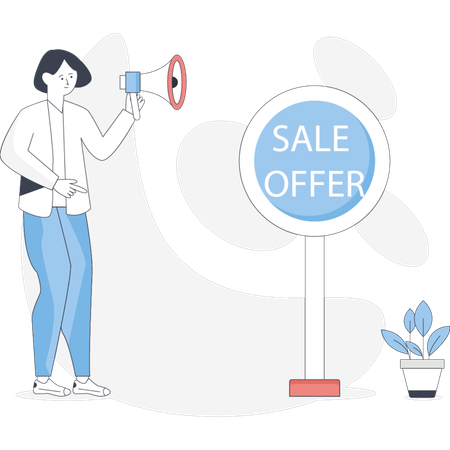Woman holds a megaphone beside a sign advertising a sale offer promoting excitement and engagement  Illustration