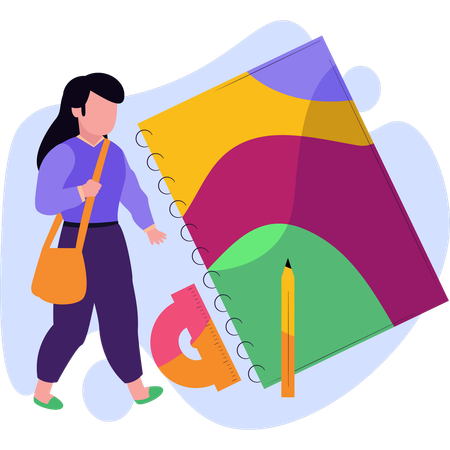 Woman holds a notebook and pencil beside a colorful notebook ready to write or take notes  Illustration