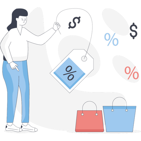 Woman holds a shopping bag featuring a visible price tag smiling as she enjoys her shopping experience  Illustration
