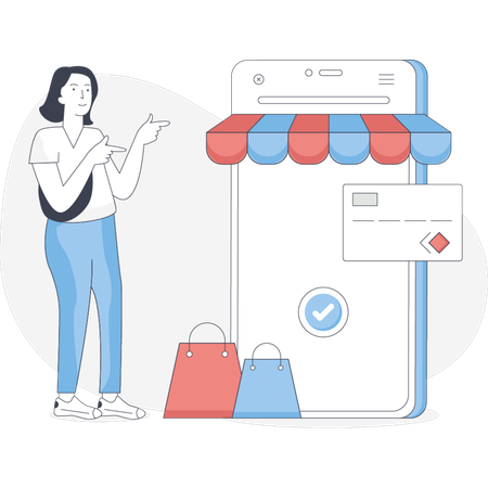 Woman holds a shopping bag while pointing at a phone displaying a shopping cart icon  Illustration