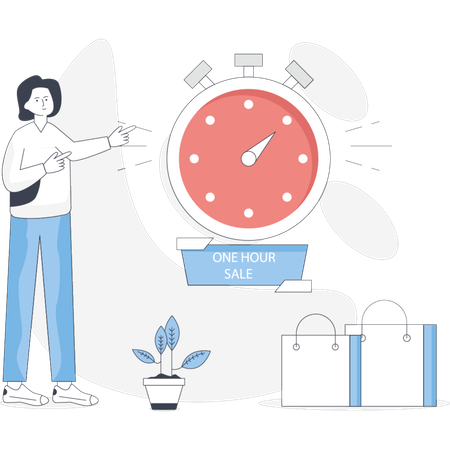 Woman holds a shopping bag while pointing at a clock indicating the time during her shopping trip  Illustration
