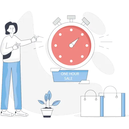 Woman holds a shopping bag while pointing at a clock indicating the time during her shopping trip  Illustration