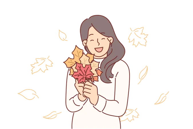 Woman Holds Autumn Foliage Of Different Colors In Hands Collecting Tree Leaves To Create Herbarium Girl Rejoices At Arrival Of Autumn And Opportunity To Find Beautiful Leaves From Trees In Park Illustration