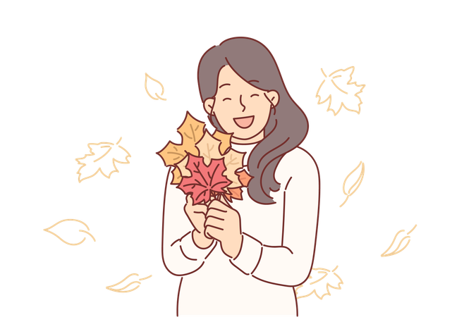 Woman holds autumn foliage of different colors in hands  Illustration