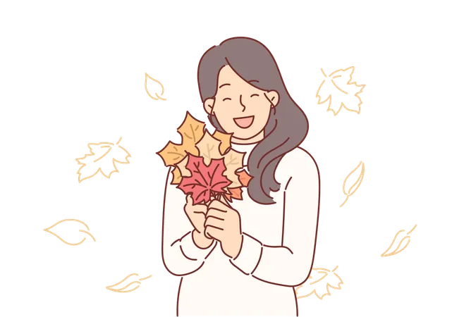 Woman holds autumn foliage of different colors in hands  Illustration