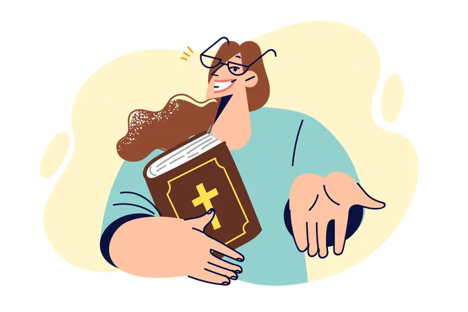 Religious Woman Holds Bible And Extends Hand To You Inviting To Church For Sermon And Wanting To Provide Charitable Assistance Girl With Bible Or Prayer Book Smiles Calling To Visit Temple Illustration