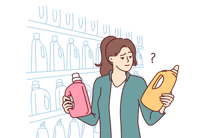 Woman Holds Bottles Of Laundry Detergent Or Cleaning Product Standing Near Shelves In Grocery Supermarket Girl Visitor To Supermarket Compares Goods Choosing Best Option For Purchase Illustration