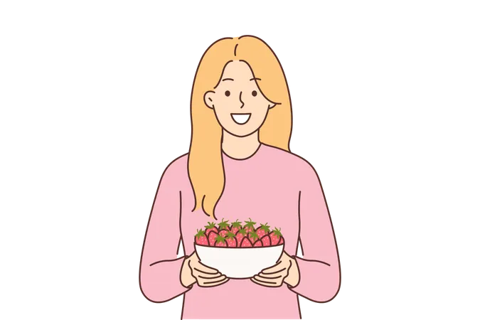 Woman Holds Plate Of Strawberries And Smiles Offers To Try Fresh Berries And Farm Fruits Girl With Smile Looks At Screen Recommending Eating Organic Strawberries Containing Antioxidants 일러스트레이션