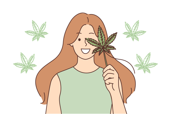 Woman holds cannabis leaf  Illustration