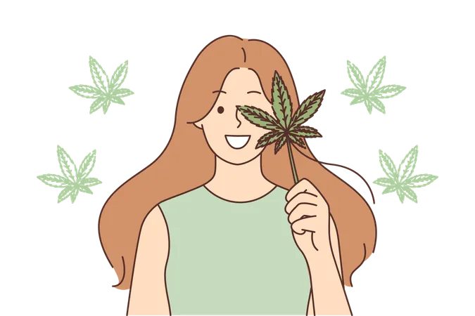 Woman Holds Cannabis Leaf Recommending Legalization Of Marijuana Use For Medical Purposes Young Girl With Cannabis Near Face For Advertising Use Of Cigarettes With Weed Or Hashish Tobacco Illustration