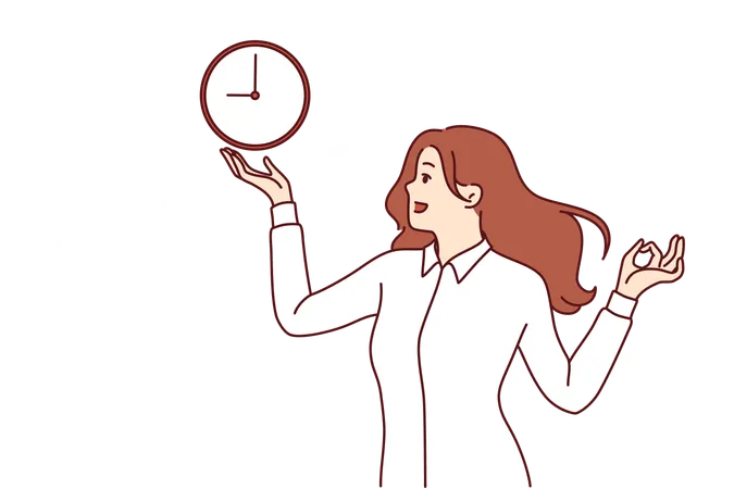 Woman Holds Clock Standing Under Blue Sky And Reminds Of Punctuality And Importance Of Meeting Deadlines Smiling Businesswoman Looks At Watch Symbolizing Punctuality And Demonstrates Ok Gesture Illustration
