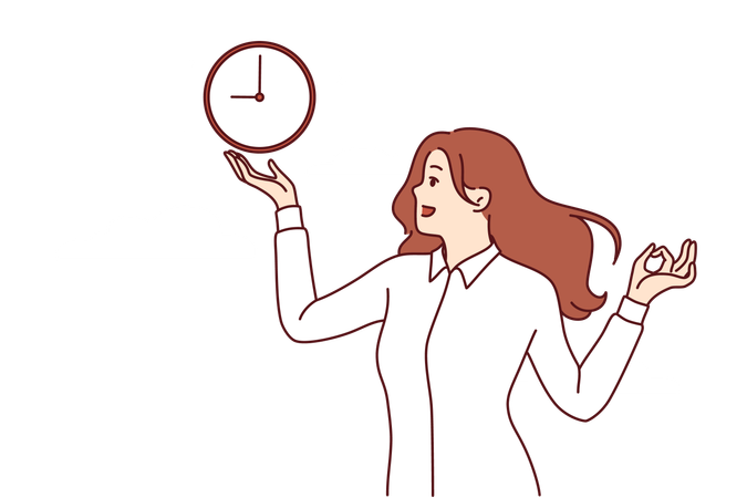 Woman holds clock is standing under blue sky and reminds punctuality and importance of meeting deadlines  Illustration