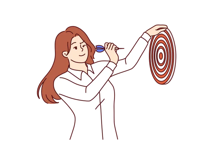 Woman Holds Dart Board And Hits Target Showing Leadership And Ambition In Achieving Plans Business Girl In White Shirt Strives To Fulfill Target For Career Growth And Life Success Illustration