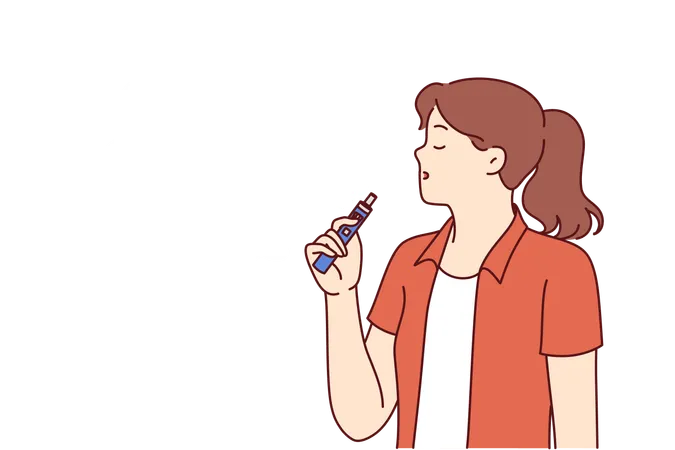 Woman Vaper Holds Electronic Cigarette For Vaping And Blows Steam From Mouth Enjoying Smoking Girl Uses Vape Gadget Or Device With Tobacco Heating System For Concept Of Addiction To Smoking 일러스트레이션