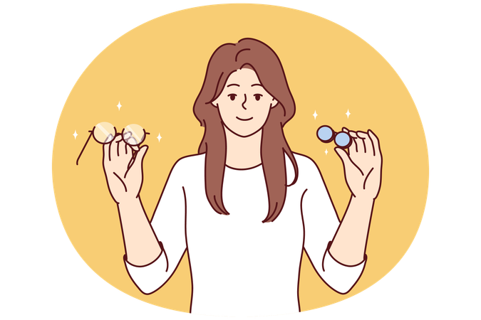 Woman holds glasses and lenses in hands choosing product for eye and vision care  Illustration