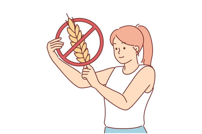 Woman holds gluten-free sign urging people to stop eating foods containing grains and wheat  イラスト