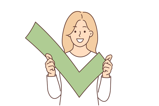 Woman holds green check mark  일러스트레이션