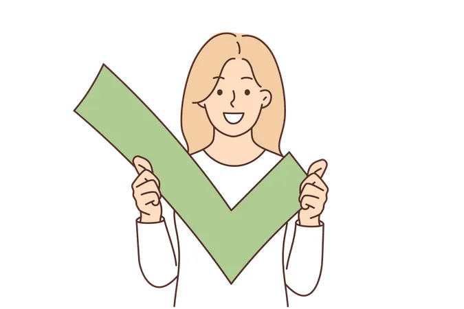 Woman Holds Green Check Mark For Sign Of Approval And Successful Account Verification In Social Network Girl Shows Check Mark Symbolizing Vote In Presidential Election Or Referendum Illustration