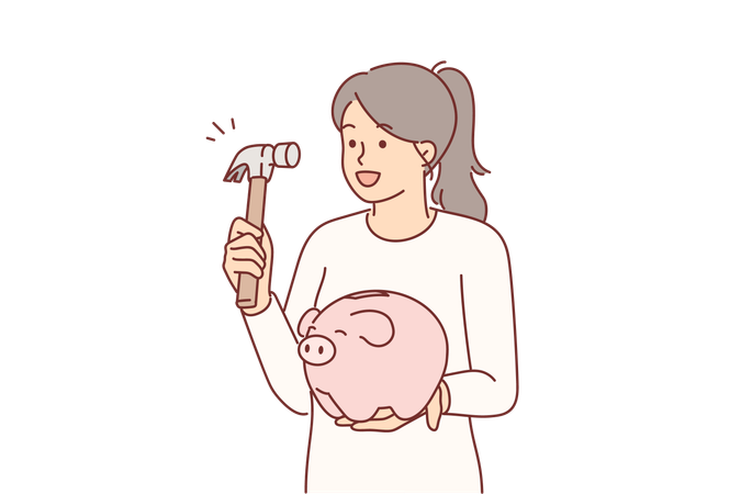 Woman holds hammer and piggy bank  Illustration